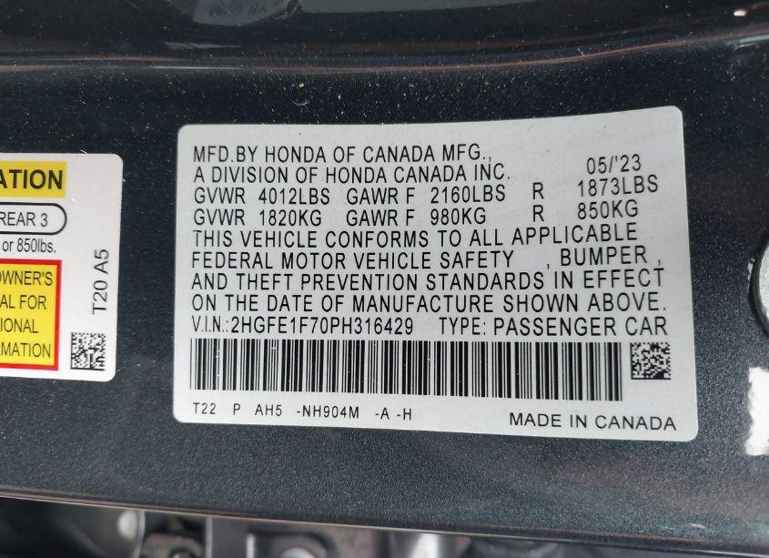 Photo 9 of 2023 Honda Civic EX /EX W/O BSI (VIN 2HGFE1F70PH316429)