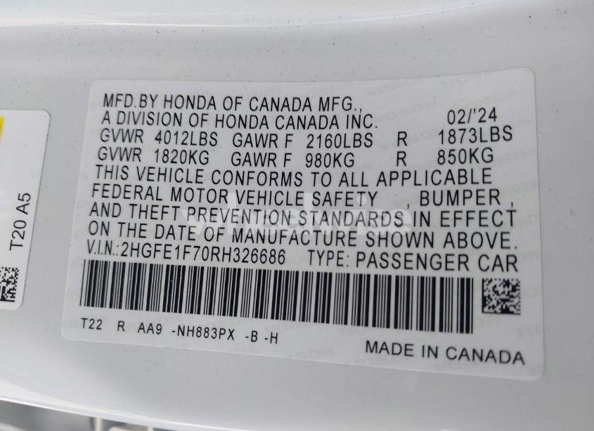 Photo 9 of 2024 Honda Civic EX (VIN 2HGFE1F70RH326686)