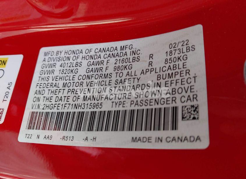 Photo 9 of 2022 Honda Civic EX (VIN 2HGFE1F71NH315965)