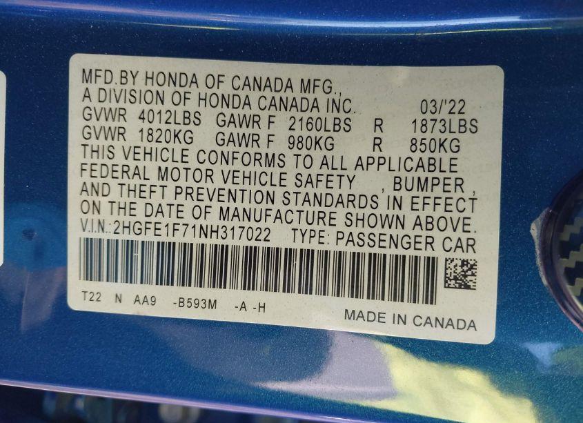 Photo 9 of 2022 Honda Civic EX (VIN 2HGFE1F71NH317022)