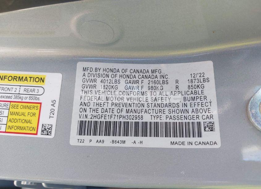 Photo 9 of 2023 Honda Civic EX /EX W/O BSI (VIN 2HGFE1F71PH302958)