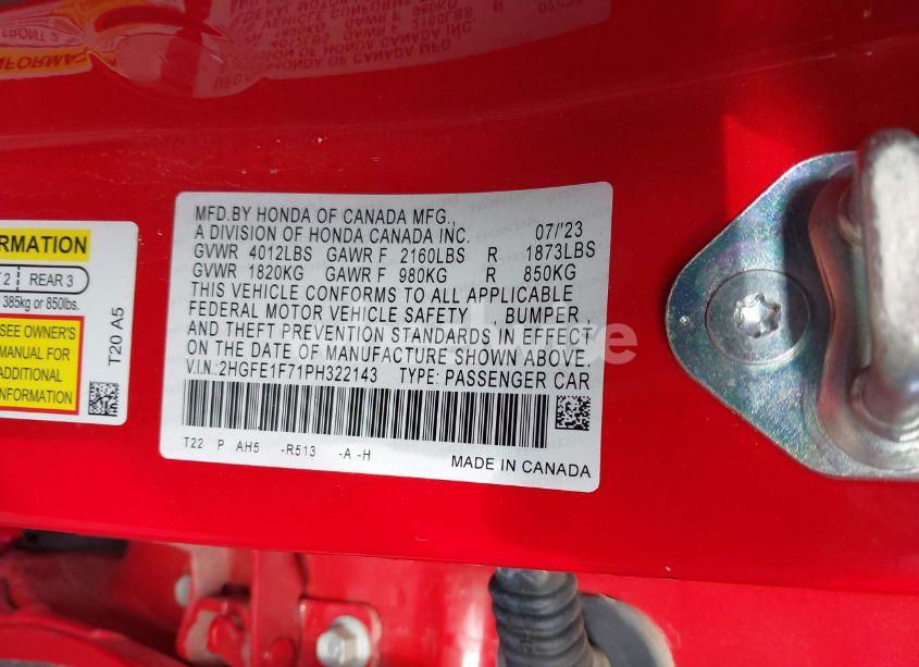 Photo 9 of 2023 Honda Civic EX /EX W/O BSI (VIN 2HGFE1F71PH322143)