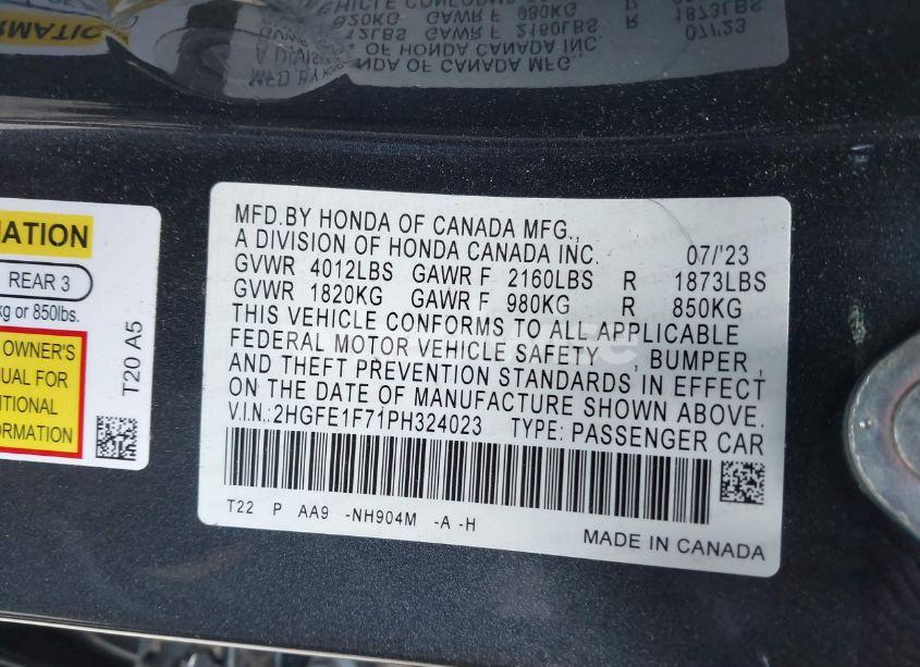 Photo 9 of 2023 Honda Civic (VIN 2HGFE1F71PH324023)