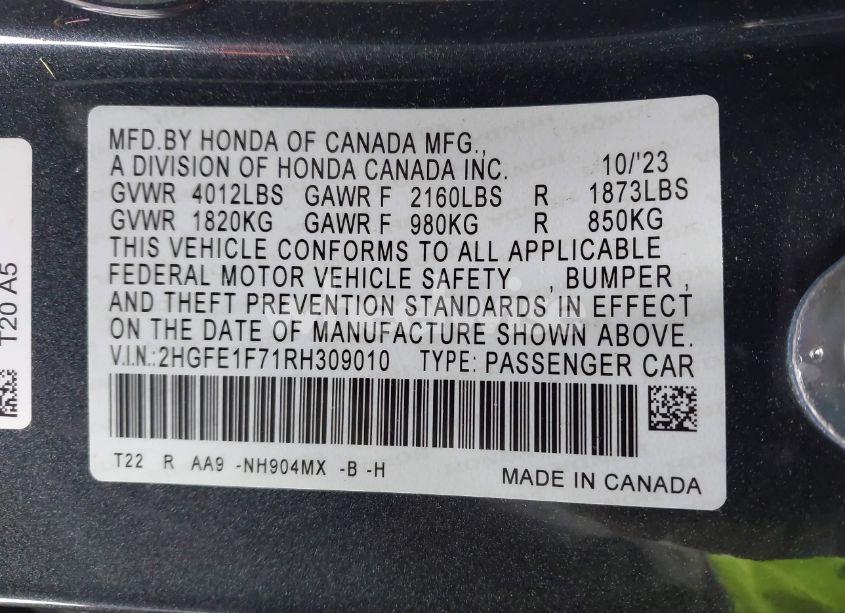 Photo 9 of 2024 Honda Civic EX (VIN 2HGFE1F71RH309010)