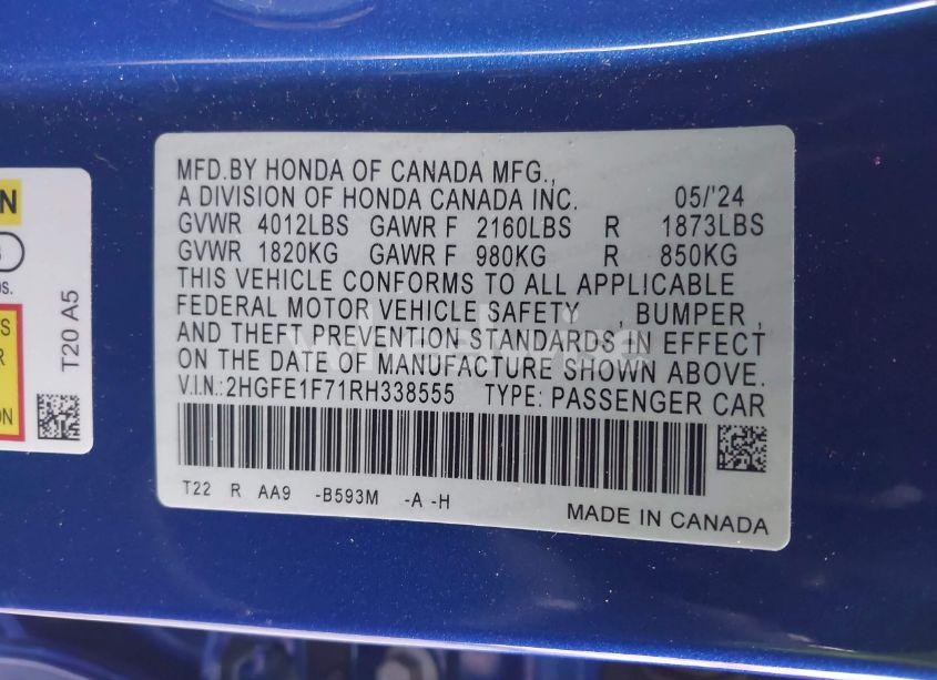 Photo 9 of 2024 Honda Civic EX (VIN 2HGFE1F71RH338555)