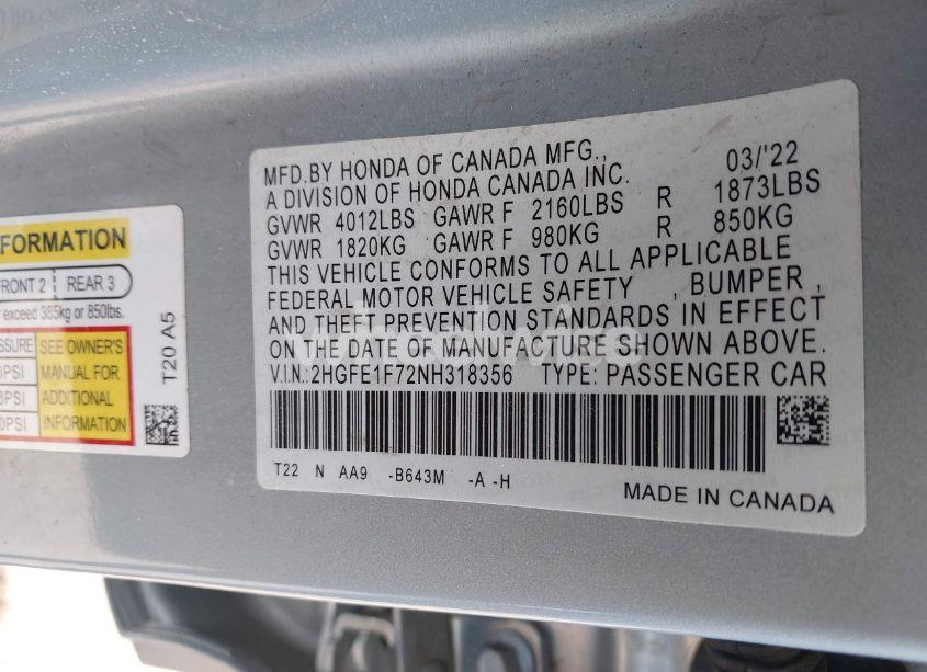 Photo 9 of 2022 Honda Civic EX (VIN 2HGFE1F72NH318356)