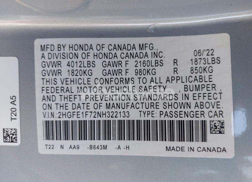 Photo 9 of 2022 Honda Civic EX (VIN 2HGFE1F72NH322133)