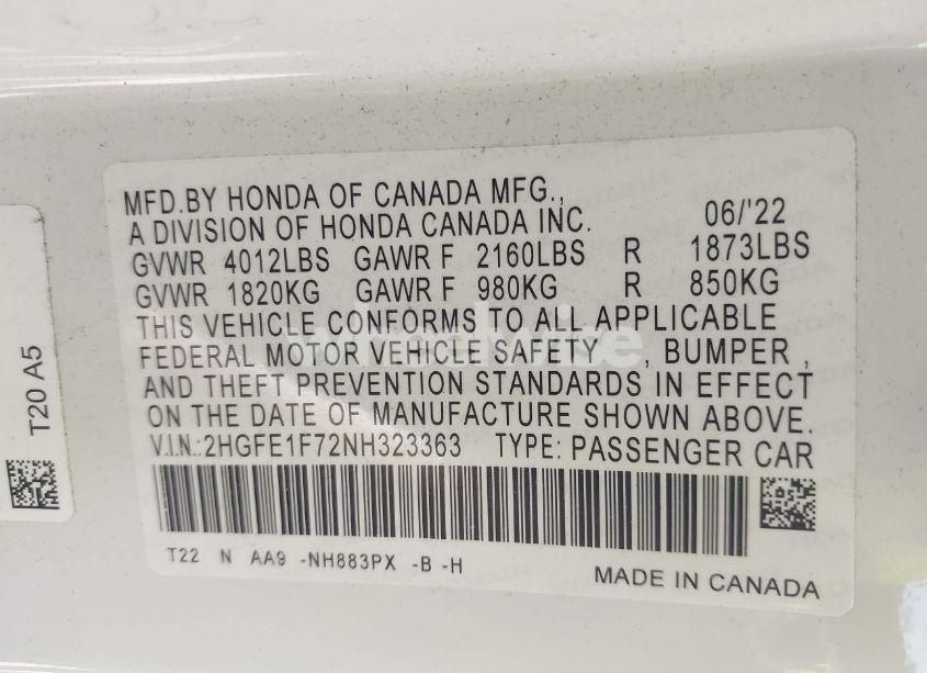 Photo 9 of 2022 Honda Civic EX (VIN 2HGFE1F72NH323363)