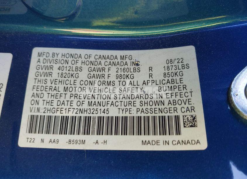 Photo 9 of 2022 Honda Civic EX (VIN 2HGFE1F72NH325145)