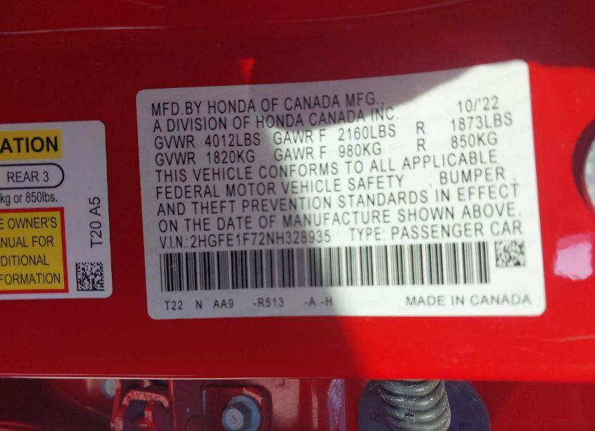 Photo 9 of 2022 Honda Civic EX (VIN 2HGFE1F72NH328935)