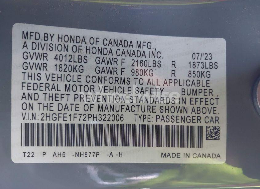 Photo 9 of 2023 Honda Civic EX /EX W/O BSI (VIN 2HGFE1F72PH322006)