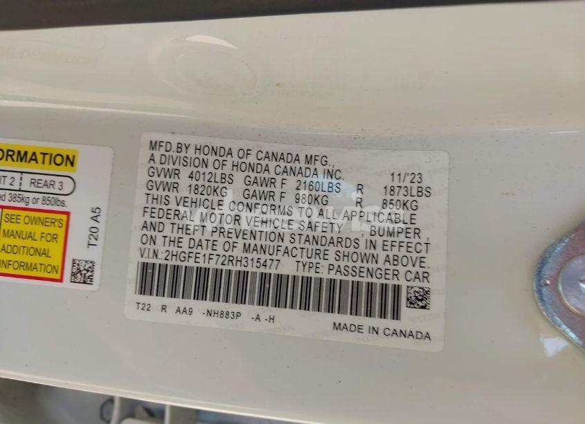 Photo 9 of 2024 Honda Civic EX (VIN 2HGFE1F72RH315477)