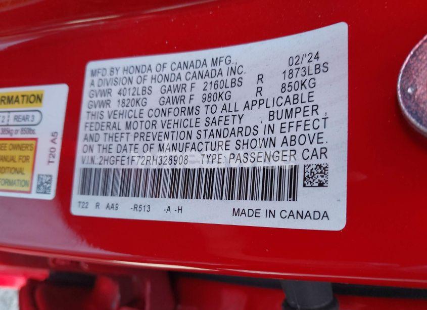 Photo 9 of 2024 Honda Civic EX (VIN 2HGFE1F72RH328908)