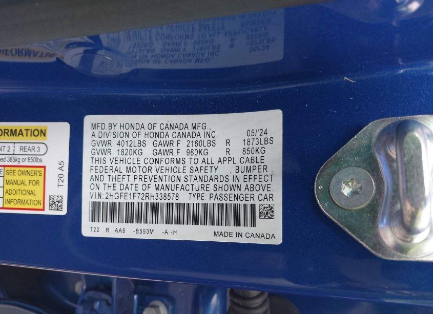 Photo 9 of 2024 Honda Civic EX (VIN 2HGFE1F72RH338578)