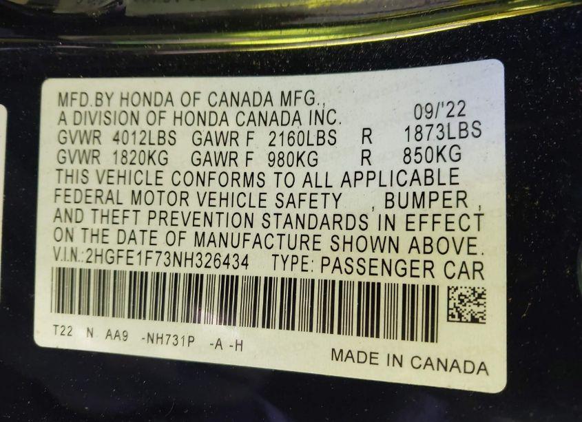 Photo 9 of 2022 Honda Civic EX (VIN 2HGFE1F73NH326434)