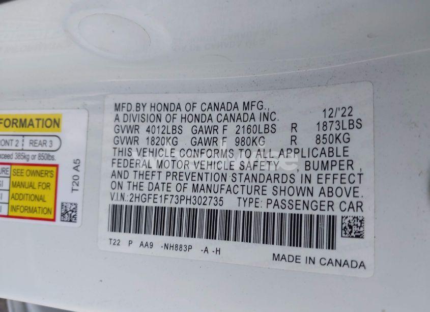 Photo 9 of 2023 Honda Civic EX /EX W/O BSI (VIN 2HGFE1F73PH302735)