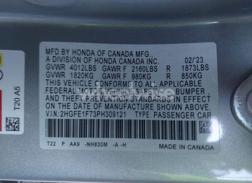 Photo 9 of 2023 Honda Civic EX /EX W/O BSI (VIN 2HGFE1F73PH309121)