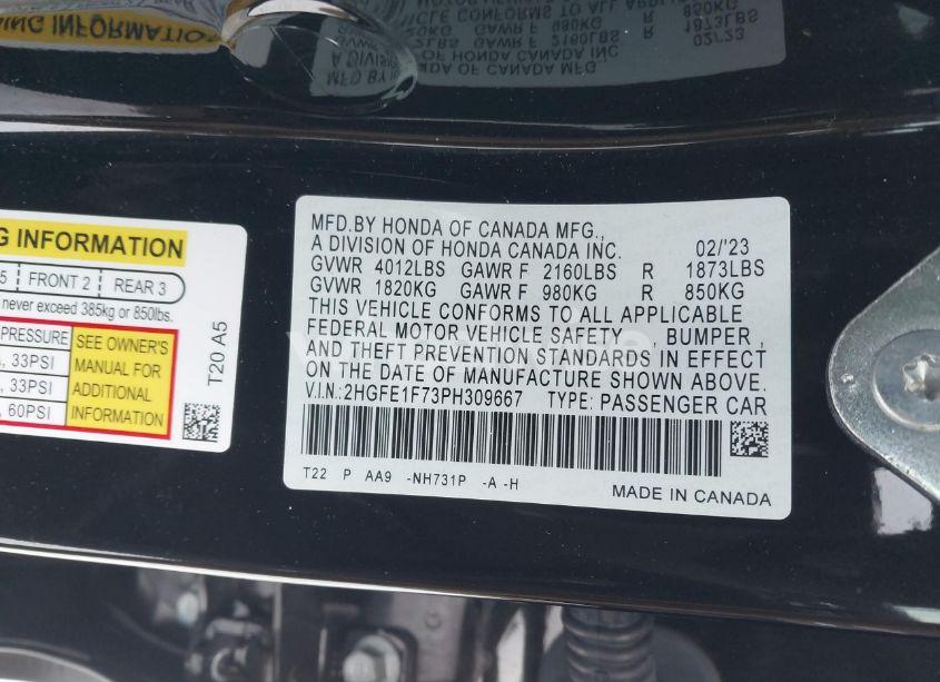 Photo 9 of 2023 Honda Civic EX /EX W/O BSI (VIN 2HGFE1F73PH309667)