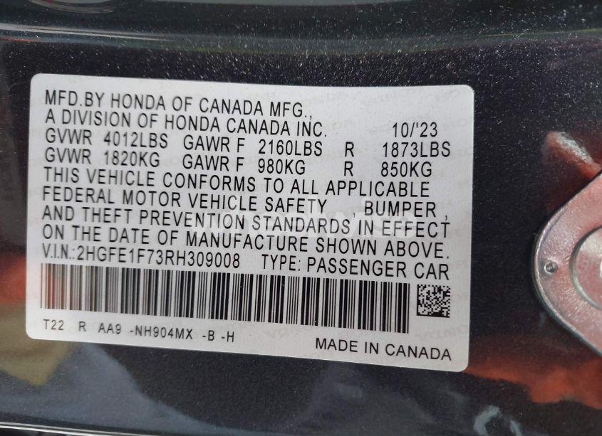Photo 9 of 2024 Honda Civic EX (VIN 2HGFE1F73RH309008)