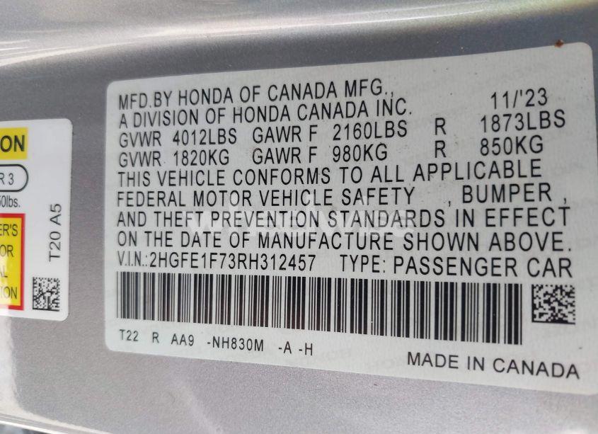 Photo 9 of 2024 Honda Civic EX (VIN 2HGFE1F73RH312457)