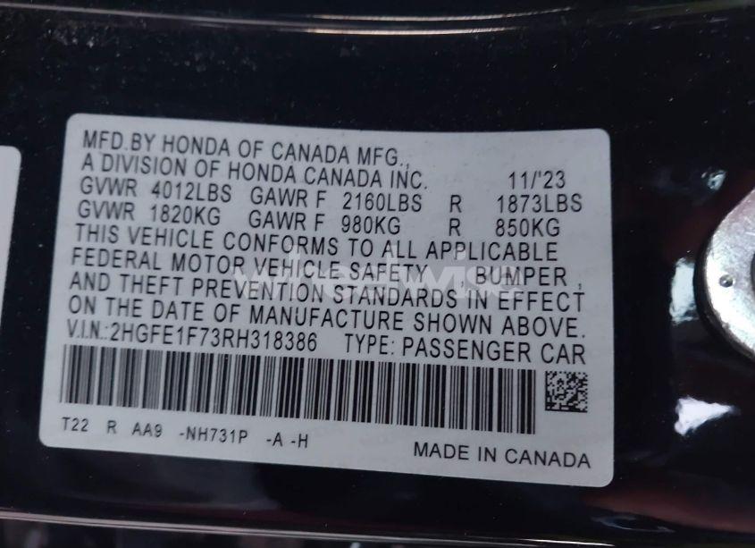 Photo 9 of 2024 Honda Civic EX (VIN 2HGFE1F73RH318386)