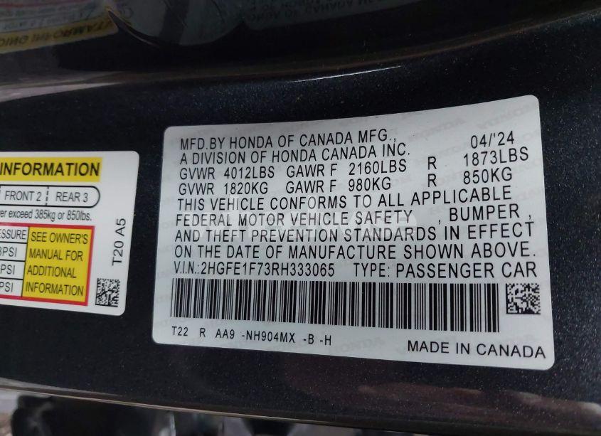 Photo 9 of 2024 Honda Civic EX (VIN 2HGFE1F73RH333065)
