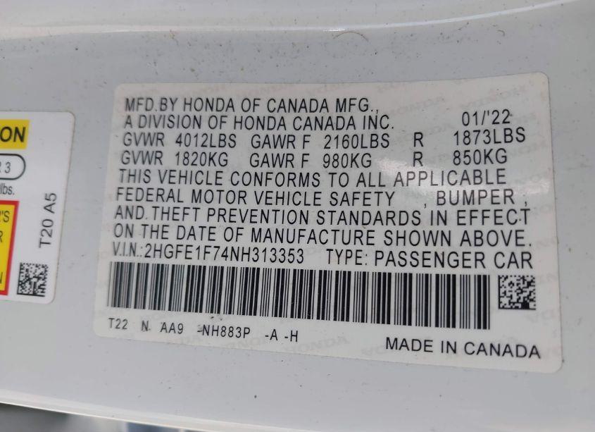 Photo 9 of 2022 Honda Civic EX (VIN 2HGFE1F74NH313353)