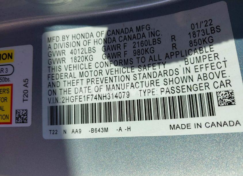 Photo 9 of 2022 Honda Civic EX (VIN 2HGFE1F74NH314079)