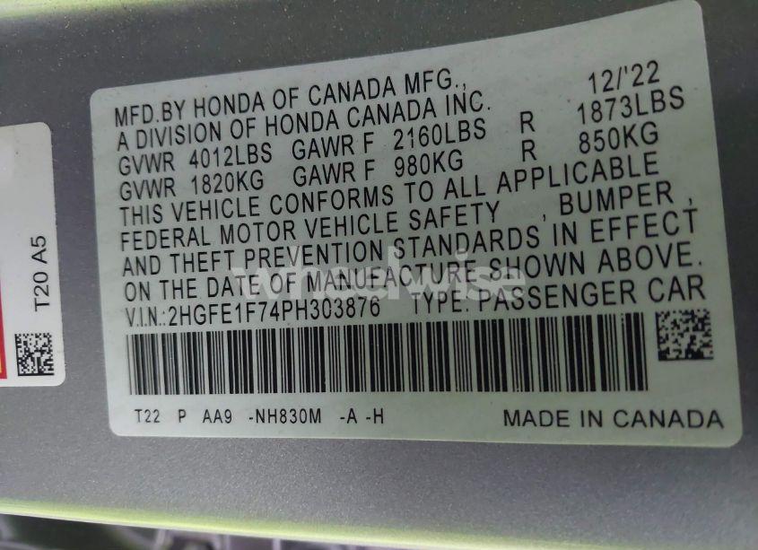 Photo 9 of 2023 Honda Civic EX /EX W/O BSI (VIN 2HGFE1F74PH303876)