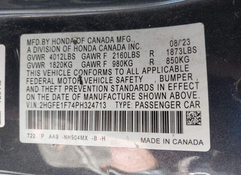 Photo 9 of 2023 Honda Civic EX /EX W/O BSI (VIN 2HGFE1F74PH324713)