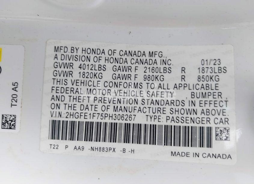 Photo 9 of 2023 Honda Civic EX /EX W/O BSI (VIN 2HGFE1F75PH306267)