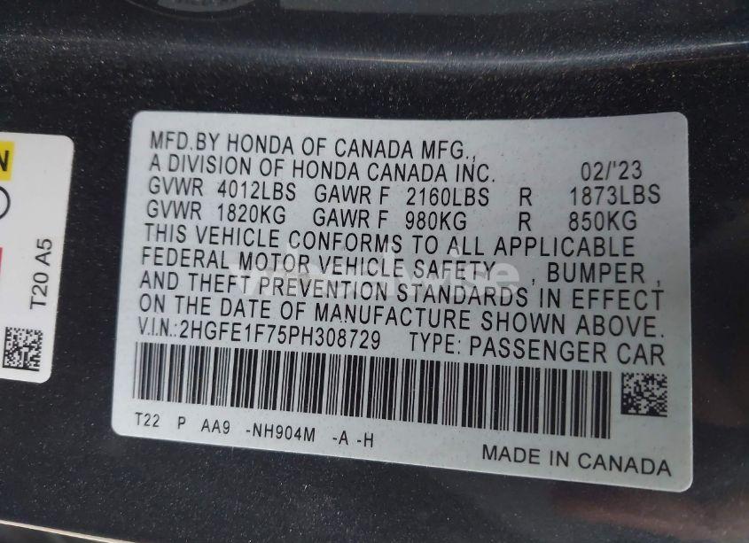 Photo 9 of 2023 Honda Civic EX /EX W/O BSI (VIN 2HGFE1F75PH308729)