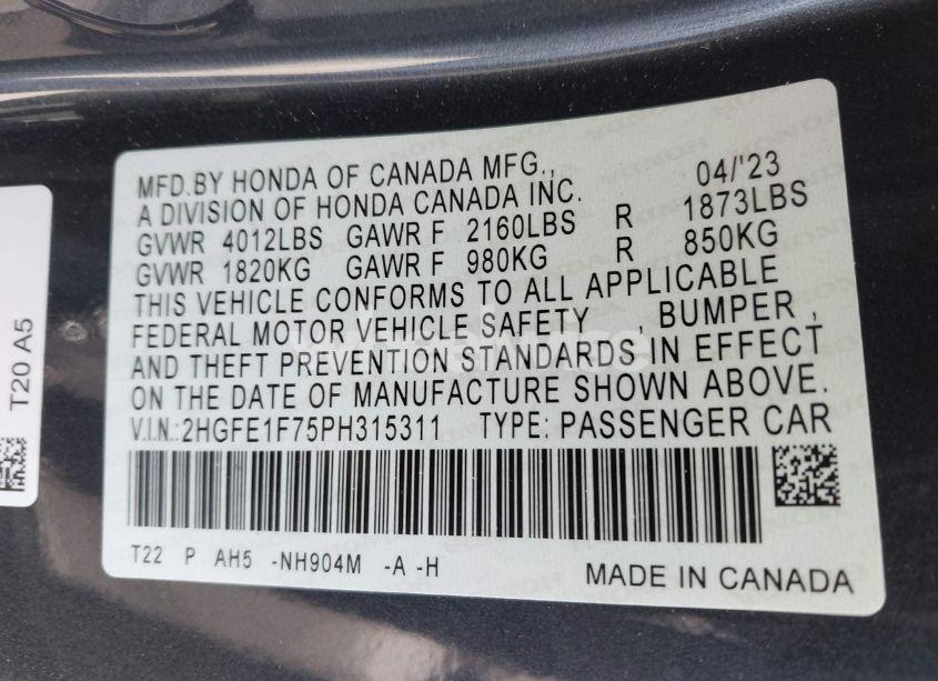 Photo 9 of 2023 Honda Civic EX /EX W/O BSI (VIN 2HGFE1F75PH315311)