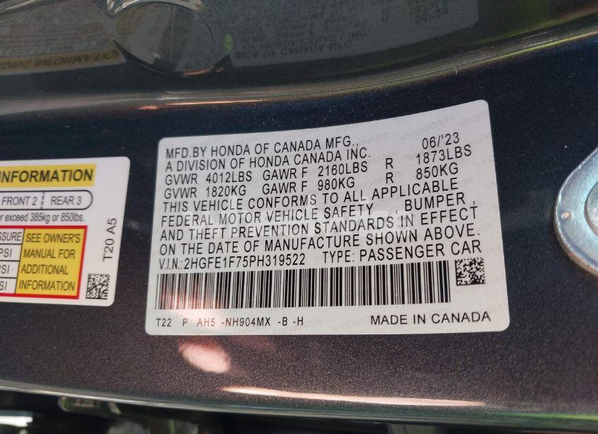 Photo 9 of 2023 Honda Civic EX /EX W/O BSI (VIN 2HGFE1F75PH319522)