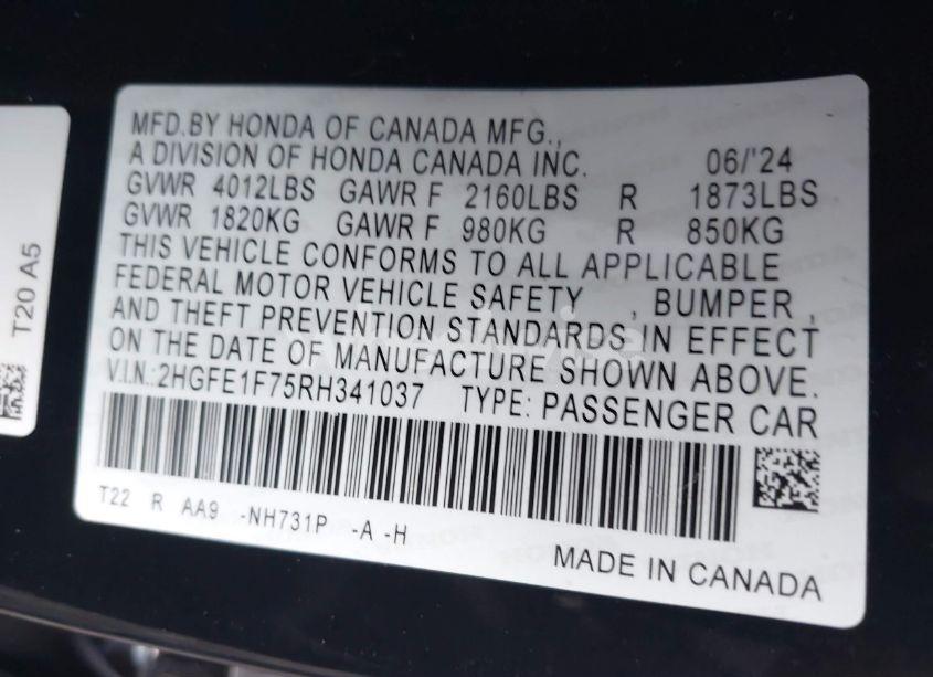 Photo 9 of 2024 Honda Civic EX (VIN 2HGFE1F75RH341037)