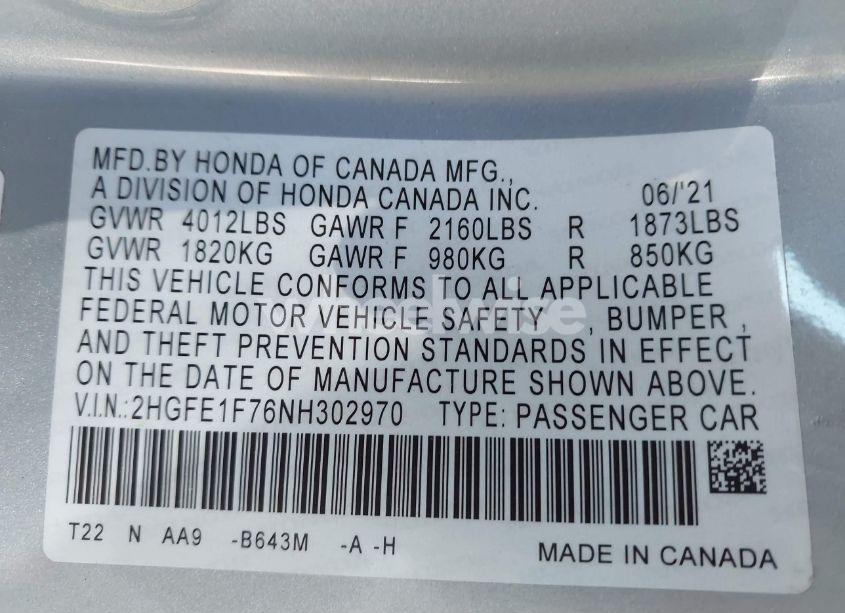 Photo 9 of 2022 Honda Civic EX (VIN 2HGFE1F76NH302970)