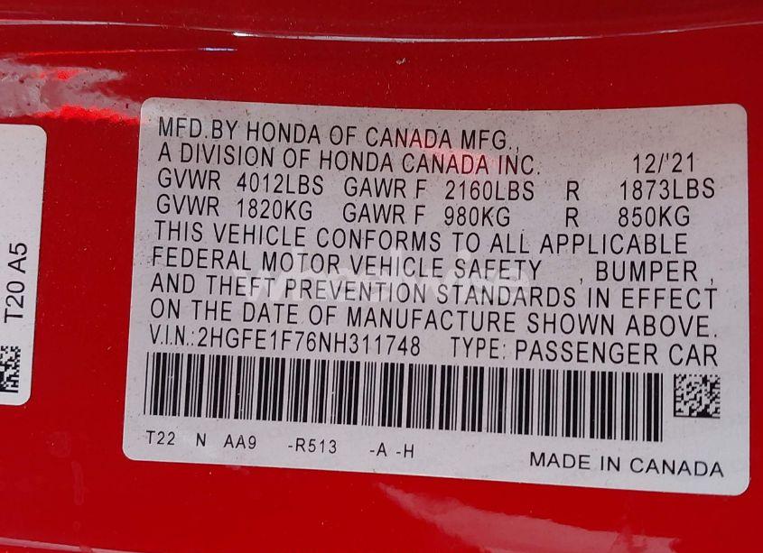 Photo 9 of 2022 Honda Civic EX (VIN 2HGFE1F76NH311748)