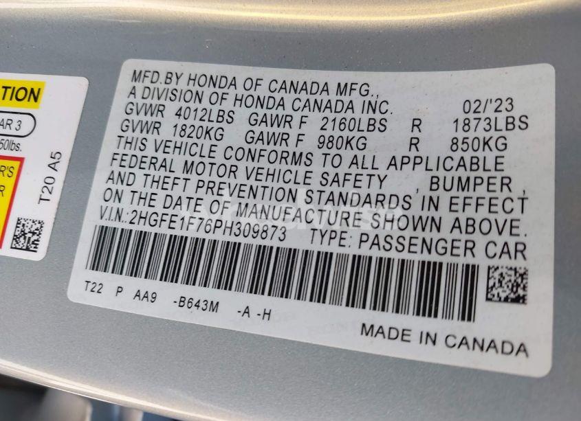 Photo 9 of 2023 Honda Civic EX /EX W/O BSI (VIN 2HGFE1F76PH309873)