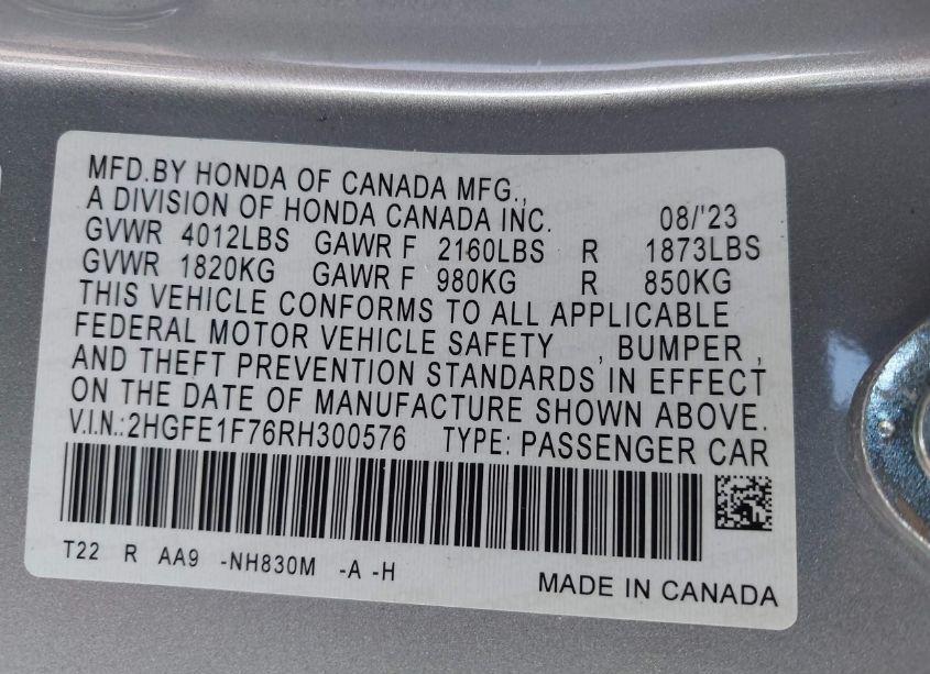 Photo 9 of 2024 Honda Civic EX (VIN 2HGFE1F76RH300576)