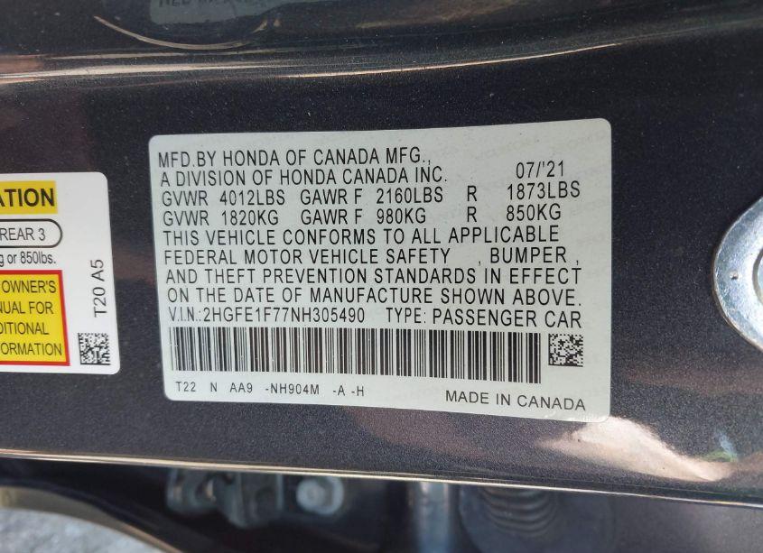 Photo 9 of 2022 Honda Civic EX (VIN 2HGFE1F77NH305490)