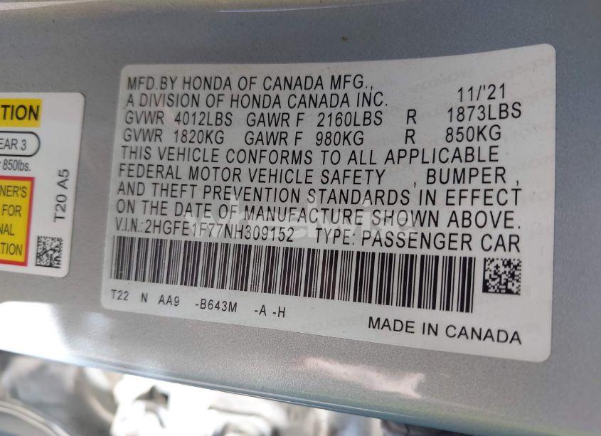 Photo 9 of 2022 Honda Civic EX (VIN 2HGFE1F77NH309152)