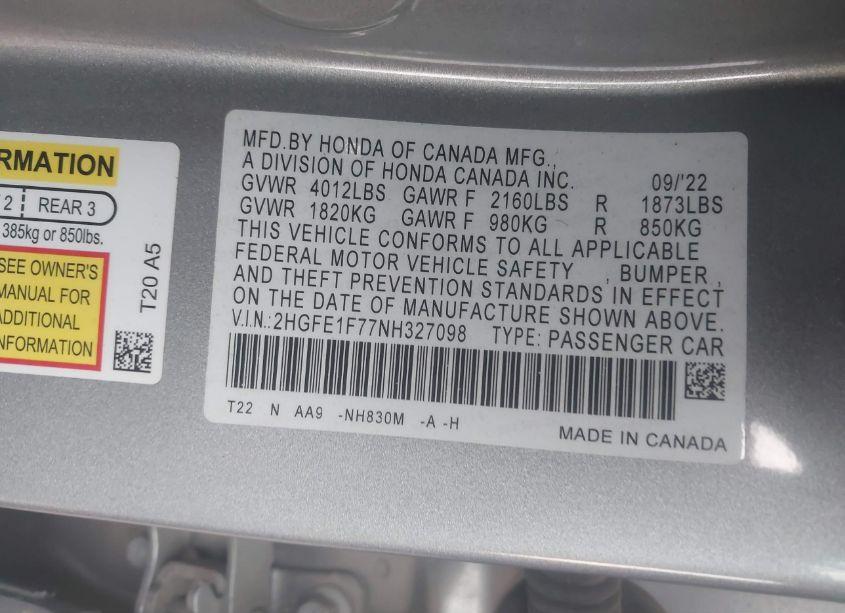 Photo 9 of 2022 Honda Civic EX (VIN 2HGFE1F77NH327098)