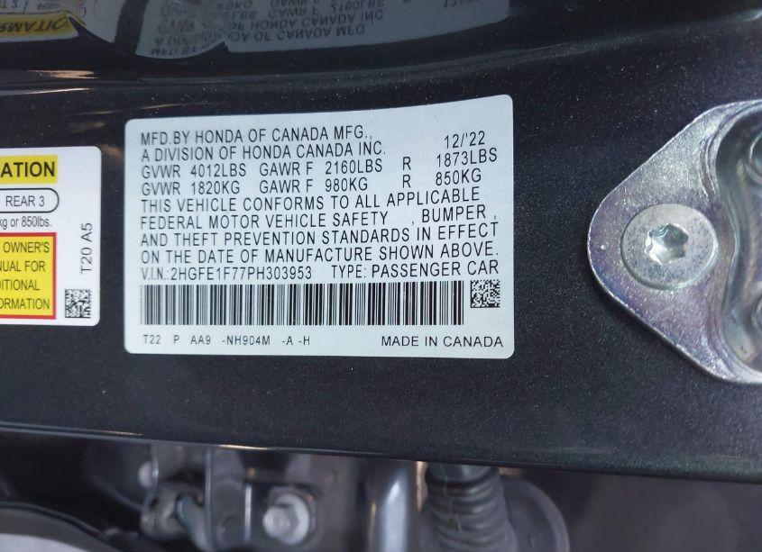 Photo 9 of 2023 Honda Civic EX /EX W/O BSI (VIN 2HGFE1F77PH303953)