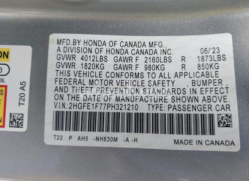 Photo 9 of 2023 Honda Civic EX /EX W/O BSI (VIN 2HGFE1F77PH321210)