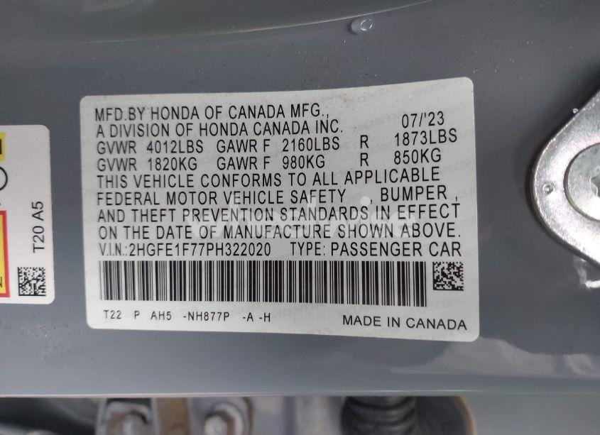 Photo 9 of 2023 Honda Civic EX /EX W/O BSI (VIN 2HGFE1F77PH322020)