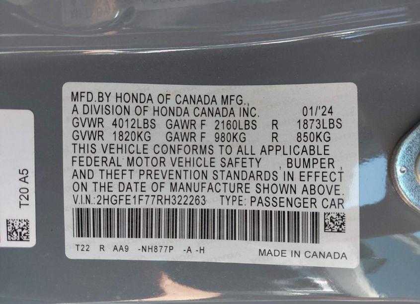 Photo 9 of 2024 Honda Civic EX (VIN 2HGFE1F77RH322263)