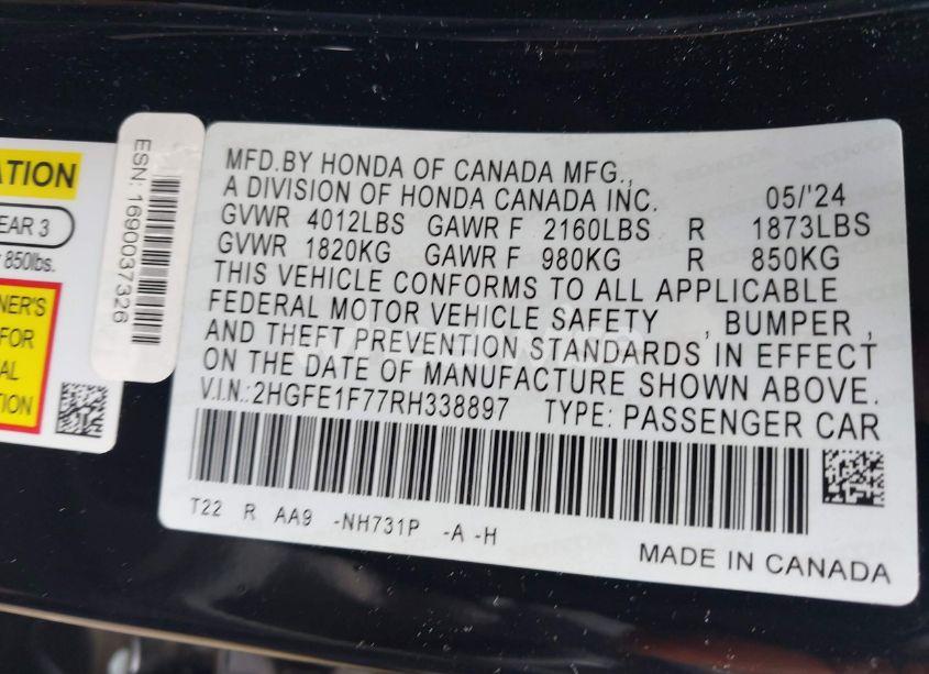 Photo 8 of 2024 Honda Civic EX (VIN 2HGFE1F77RH338897)