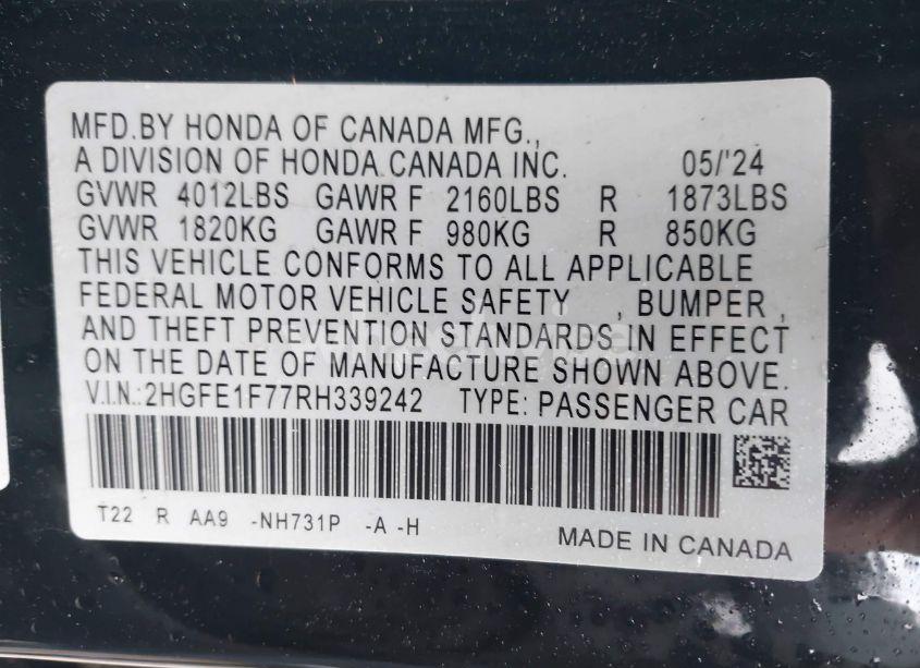 Photo 9 of 2024 Honda Civic EX (VIN 2HGFE1F77RH339242)