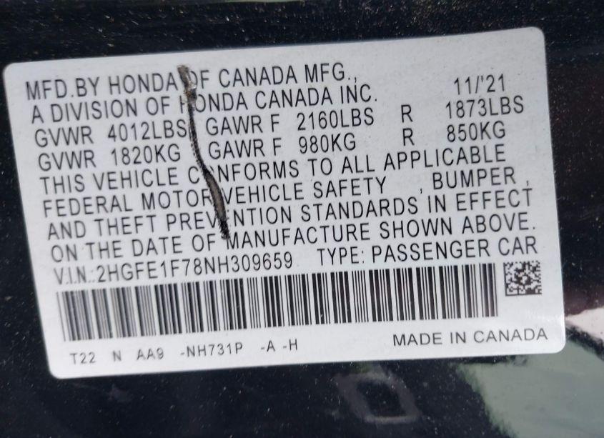 Photo 9 of 2022 Honda Civic EX (VIN 2HGFE1F78NH309659)