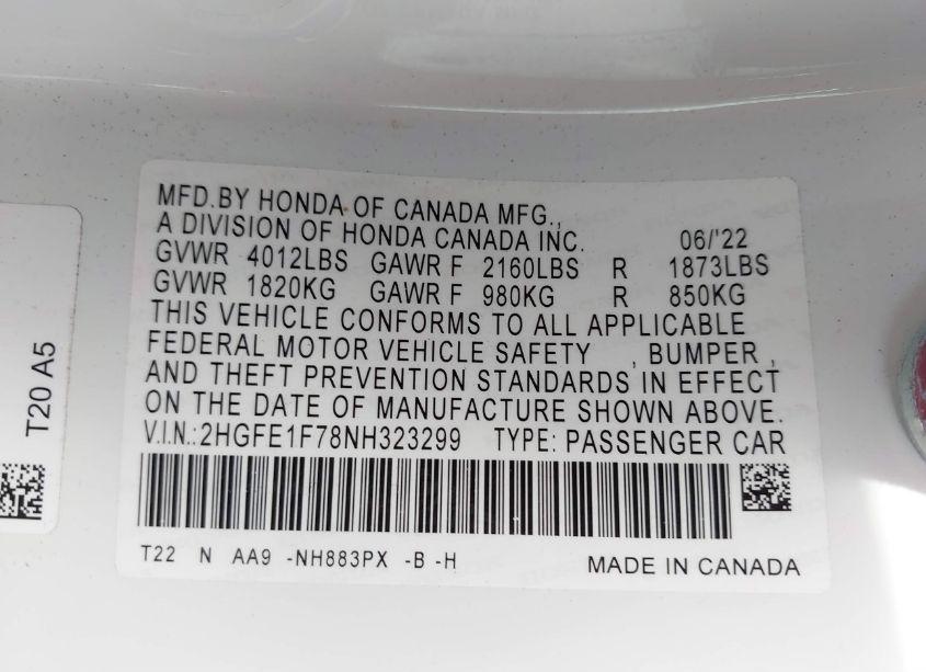 Photo 9 of 2022 Honda Civic EX (VIN 2HGFE1F78NH323299)
